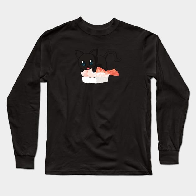 Black Cat Shrimp Sushi Long Sleeve T-Shirt by Myanko